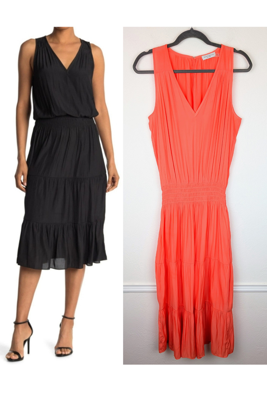 Ramy Brook Edenn Midi Dress Tiered Smocked Boho Keyhole Coral Pink Orange Size S